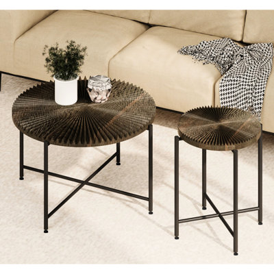 Table basse et d'appoint Radial Pattern 2 - Imperméable avec housse, design cylindrique vieilli, pieds en métal noir, finition noyer foncé, polyvalente pour salon et chambre, cylindrique, noyer, moderne