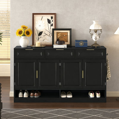 Buffet Farmhouse avec 3 tiroirs et 4 portes, tablette réglable et rangement ouvert pour la salle à manger ou le salon.