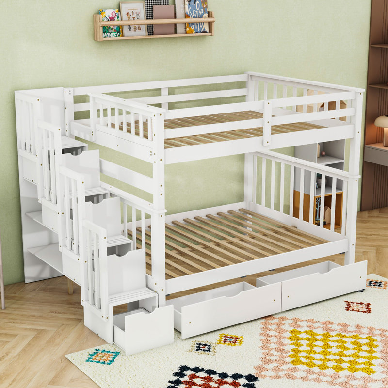 Aurore Full Bunk Bed with Storage Stairs and Drawers, White