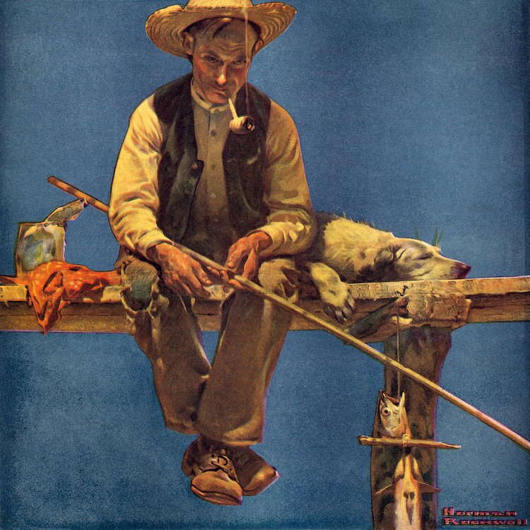 Vault W Artwork Man On Dock Fishing On Canvas by Norman Rockwell Print