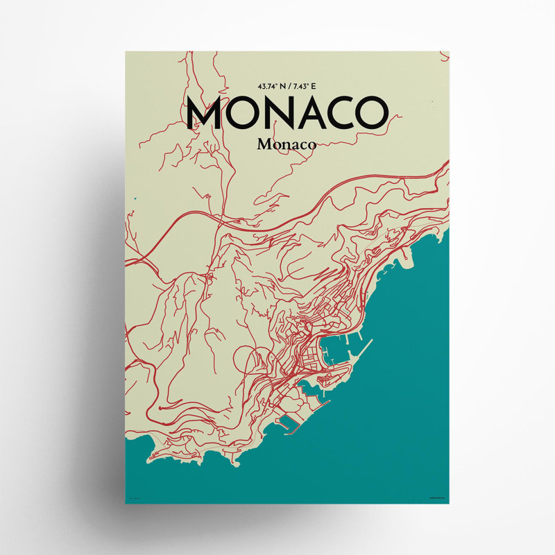 Monaco City Map In Tricolour - No Frame Print, 27.6cm H x 19.7cm W x 0.05cm D