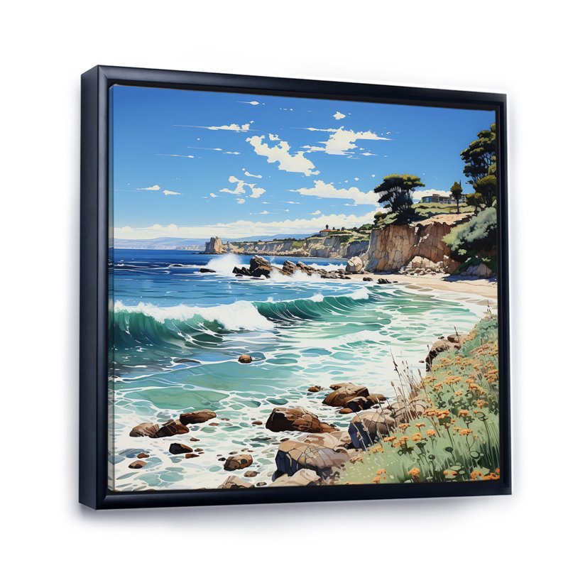 Plage contrastée pointillisme II, Cadre flottant noir, H 24 po x l 24 po x P 1 po