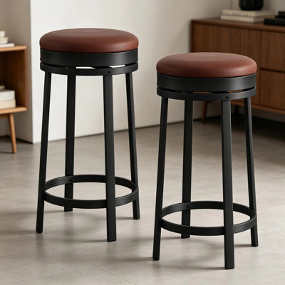 Set of 4 Bar Stools, Counter Height Swivel, Backless Round PU Leather, Metal Frame, Brown