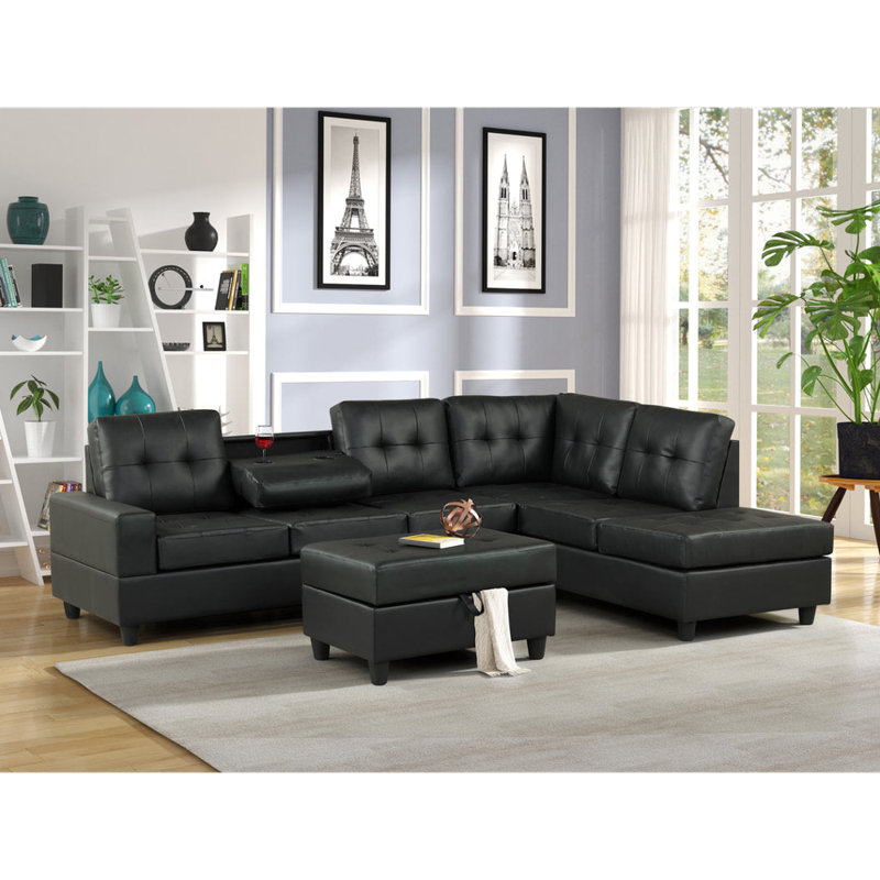 Canapé modulaire en velours 146 po faisant face à la droite 146 po, Similicuir noir, H 34 po x l 105 po x P 80 po
