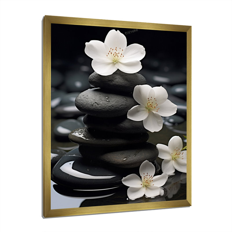 Zen Zen Serenity fleurs blanches pierre noire Cairn - impressions spirituelles sur pierre, H 40 po x l 30 po, Doré
