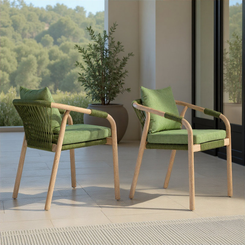 Chaise de salle à manger d'extérieur Balmor en eucalyptus brossé avec coussin vert - ensemble de 2, Vert, Naturel / Vert