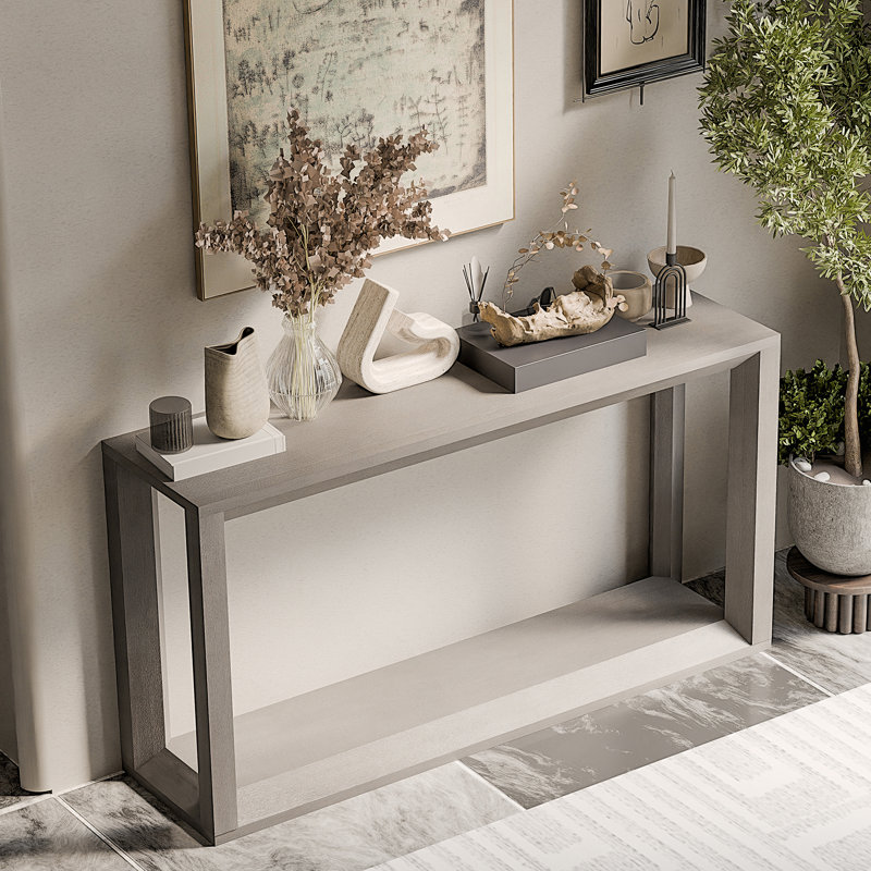 60 Inch Rectangular Solid Wood Veneer Console Table With Ample Storage, Perfect For Entryway And Living Room, Distressed Grey Finish