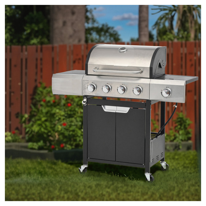 Barbecue au propane à 4 brûleurs avec brûleur latéral, station de barbecue extérieure en acier inoxydable