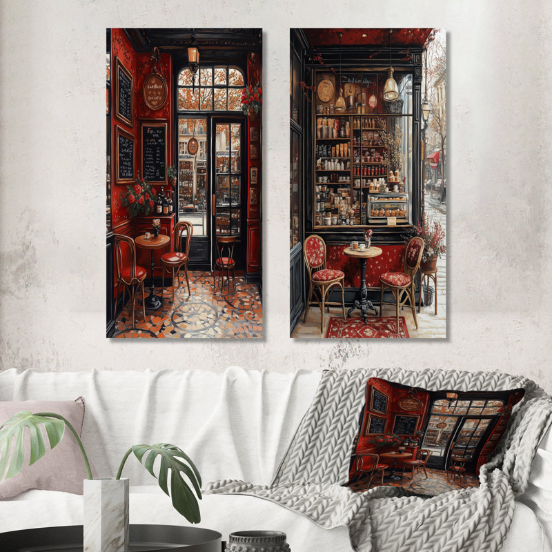 Rouge et noir «French Cafe Clair Au Caramel I», ensemble d'art mural français 2 pièces, H 32 po x l 32 po, Toile tendue