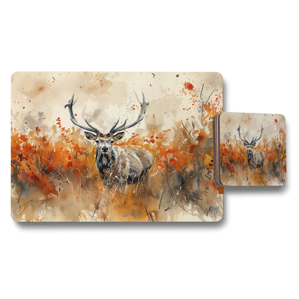 Autumn Deer Placemat And Coaster Set With Watercolor Design
