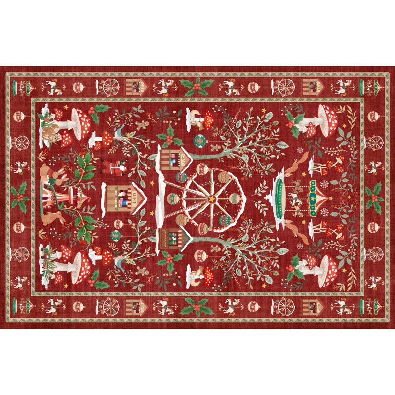Tapis de Noël bohème vintage, tapis de forêt de Noël, tapis de chambre, tapis de sol rétro pour salon, Red, 5*7