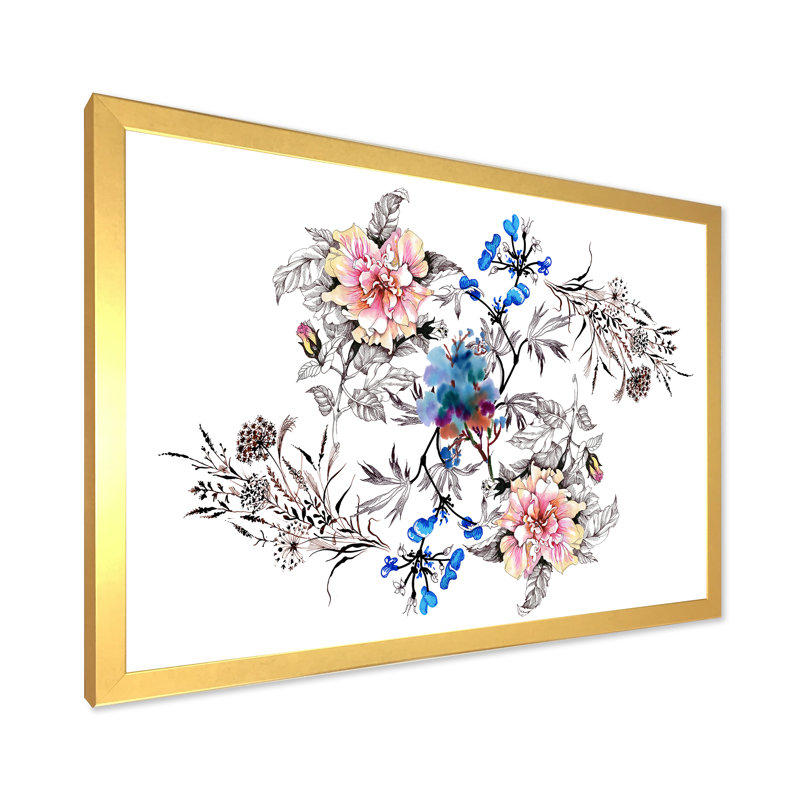 Fleurs bleues et roses - Peinture sur toile, H 12 po x l 20 po x p 1 po, Cadre doré