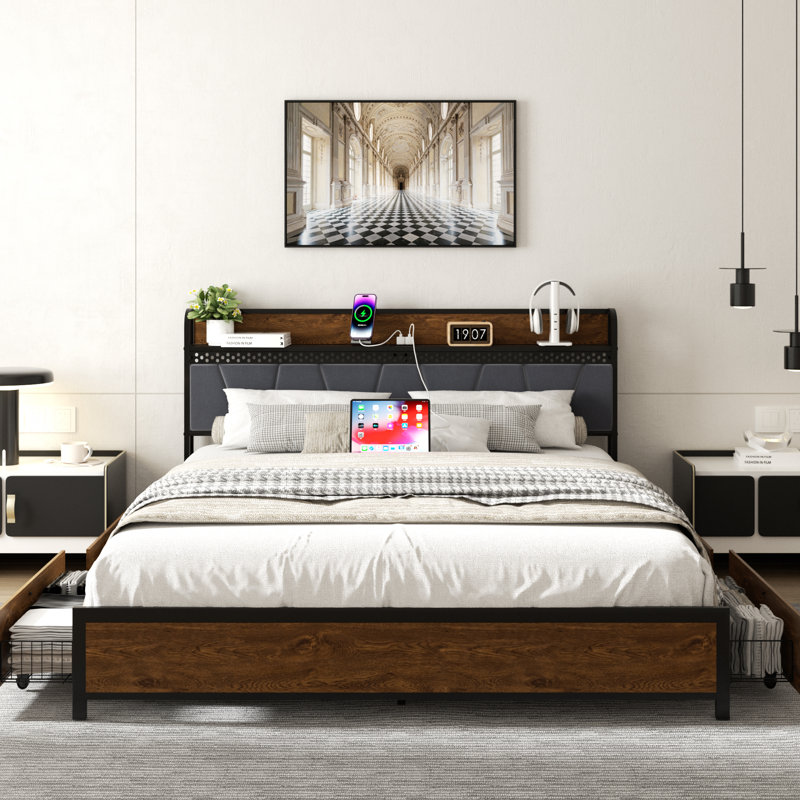 Platform Bed Frame with 4 Drawers, Storage Headboard with Charging Station & LED Light, Metal Slats Support, Noise Free, Easy Assembly, No Box Spring Needed, Vintage Brown