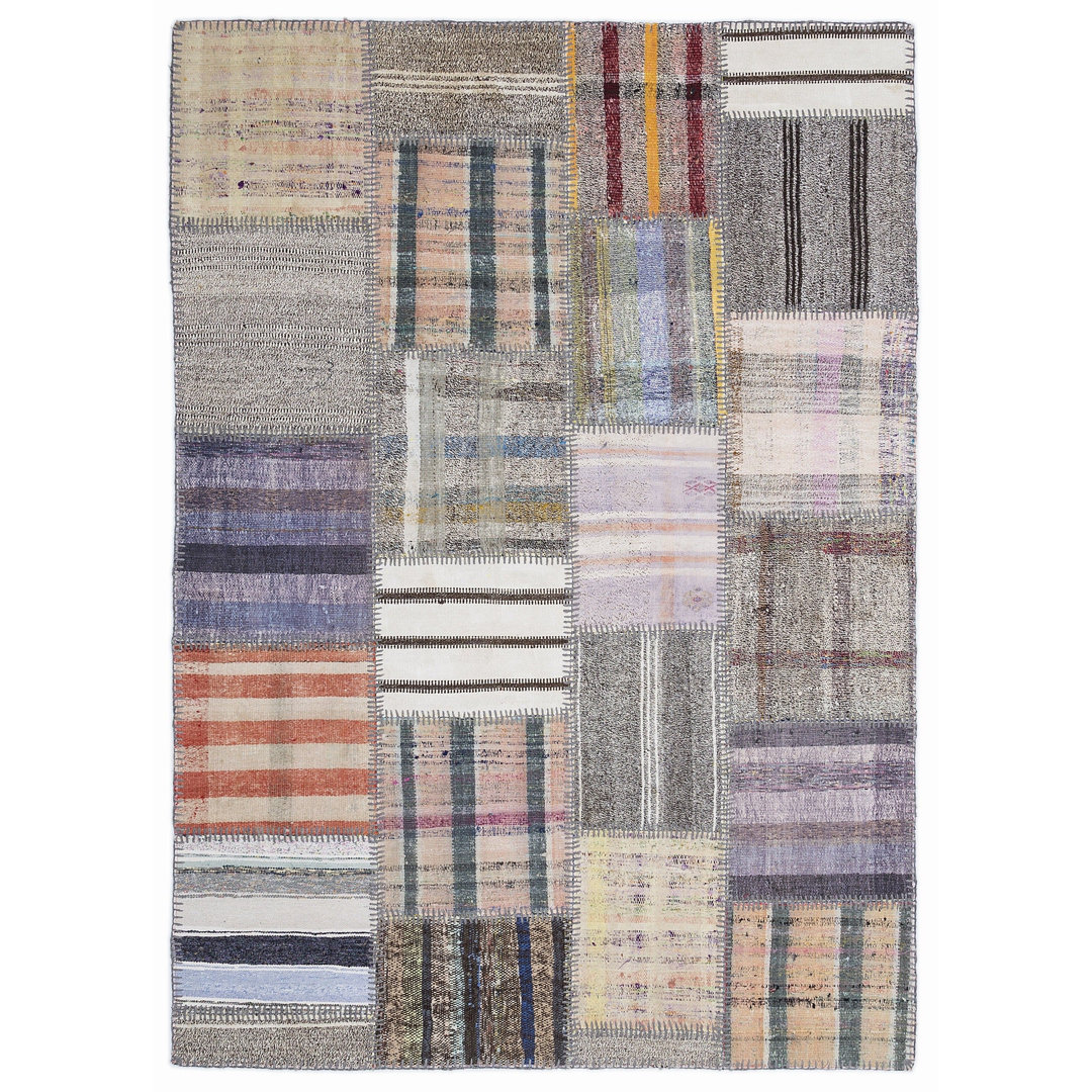 Teselya Beige Striped Wool Handmade Area Rug