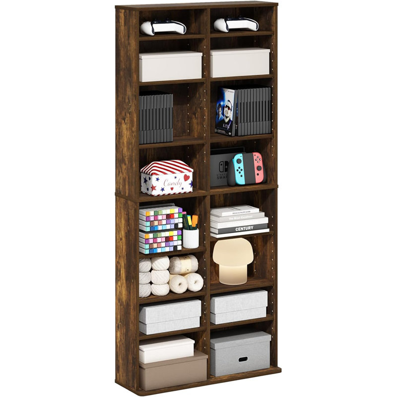 16-Shelf Multimedia Media Storage Tower Rack with Adjustable Shelves, Amber Pine