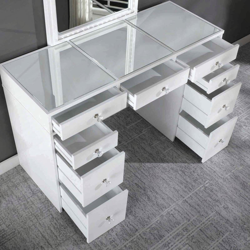 Contemporary Style Vanity Set with LED Mirror, Storage Drawers and Stool