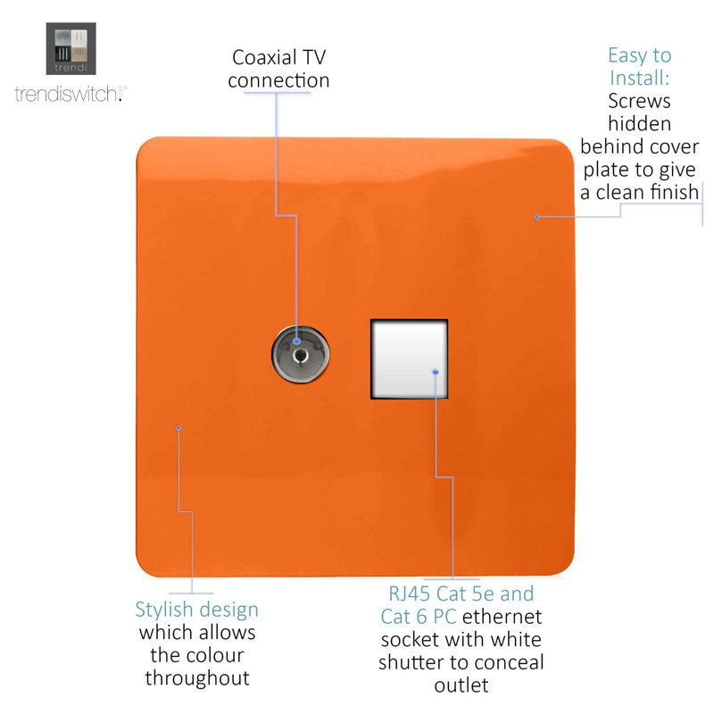 Trendi Switch 2 Gang Female TV Co-Axial & RJ45 Cat 5e PC Ethernet Sockets, Orange