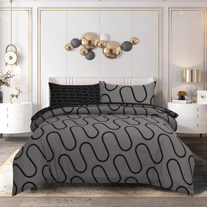 Microfiber Printed Duvet Cover - Soft, Lightweight, Fade-Resistant Bedding with Matching Pillowcases, Black/Grey