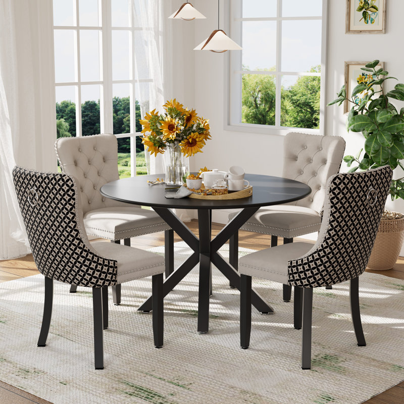 Round Kitchen Table and Chairs Set for 4, Black, Beige