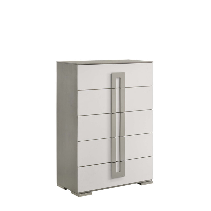 Commode à 5 tiroirs de style contemporain avec finition blanche semi-lustrée et fabrication en bois durable pour un rangement maximal