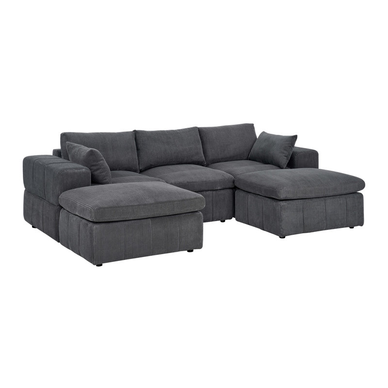 Large Arms Cordory Upholstered Modular Sectional with 2 Ottomans, Corduroy - Dark Gray