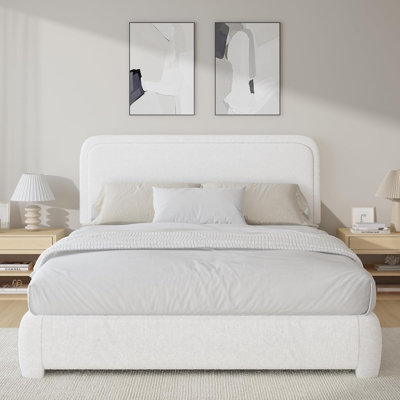 Boucle Upholstered Bed Frame  Soft Rounded Corners Headboard Low Profile Bed Frame No Box Spring Needed