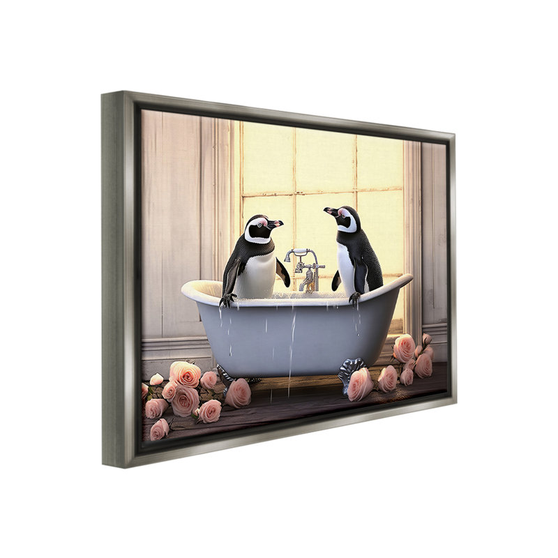 «Penguins Bathing In Tub Floater Frame» par Lazar Studio sur toile, Cadre flottant gris lustré, H 17 po x l 21 po