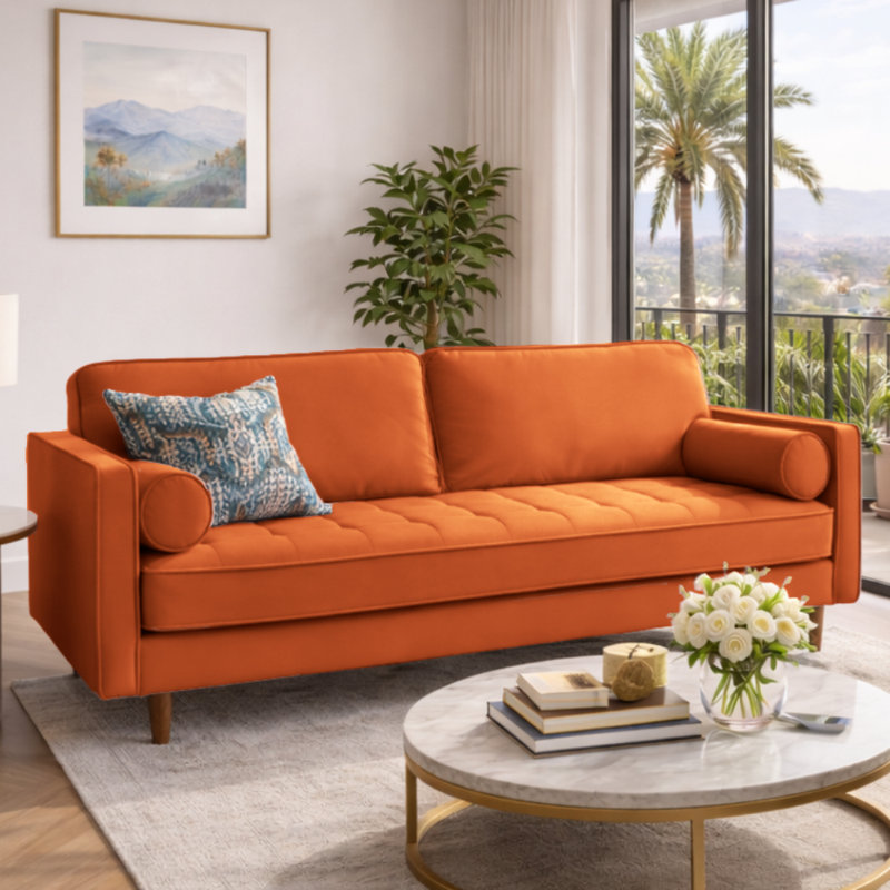 Alden 70" Square Arm Velvet Sofa, Orange