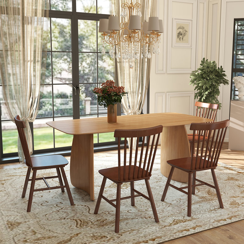 Modern Dining Table Set, 5 Pieces: Table, 4 Chairs, Walnut, Natural