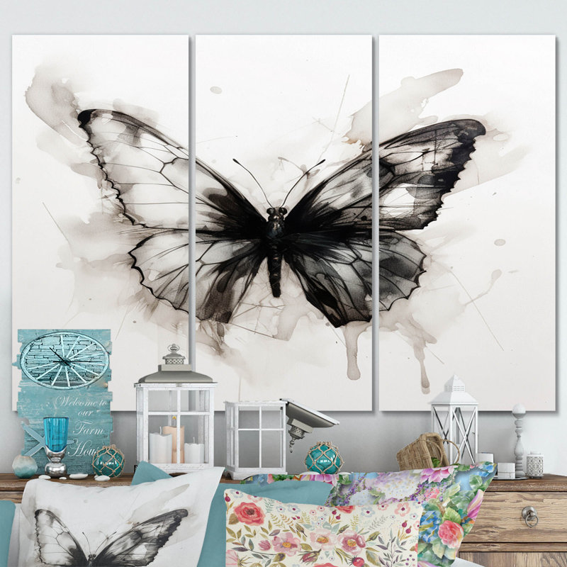 Art animalier sur toile, décor papillon noir et blanc - Portrait de papillon, aquarelle noir et blanc I