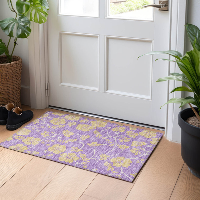 Purple Floral Synthetic Washable Rectangular Rug 30" x 20"