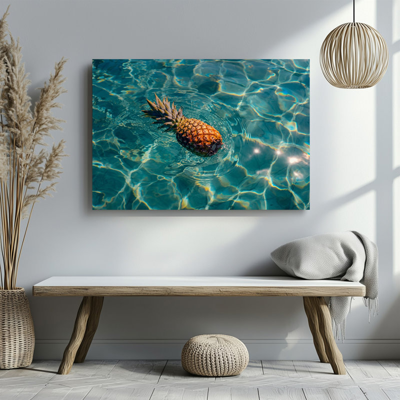 Toile, une scène tropicale vibrante avec un ananas mûr flottant, art gracieux dans une eau turquoise transparente, art du soleil sur toile
