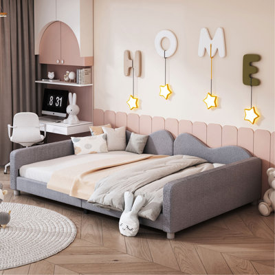 Full Size Upholstered Daybed, Sherpa Fabric Sofabed With Cloud-Shaped Backrest