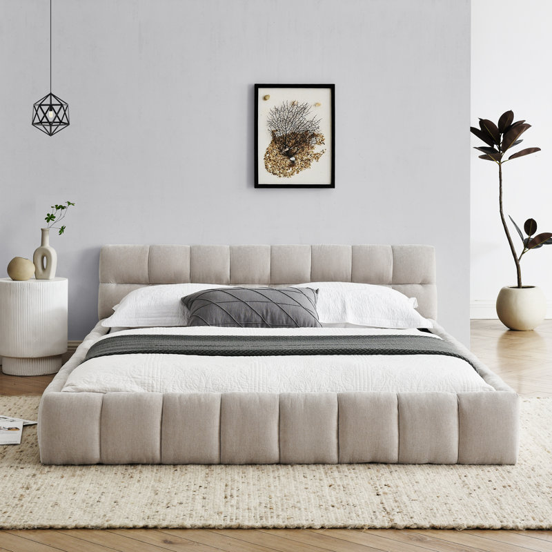 Queen Size Chenille Upholstered Platform Bed Frame With Headboard, Solid Mdf & Particle Board Frame, No Box Spring Needed, Modern Grounded Design, Beige/Dark Grey/Pink (68''×86.5''×23.5'')