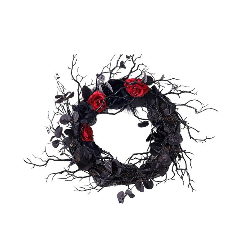 Couronne de brindille noire de 17,7 pouces avec des roses rouges et noires, décoration de couronne de porte d'entrée gothique d'Halloween
