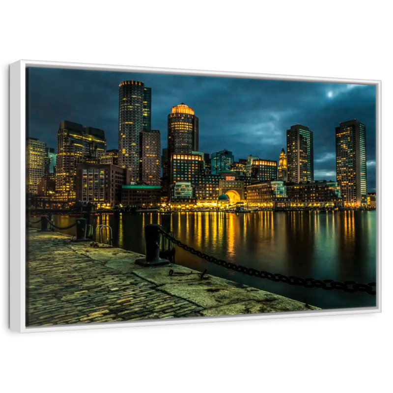 Silhouette de Boston la nuit, 46 po x 31 po, Cadre flottant blanc