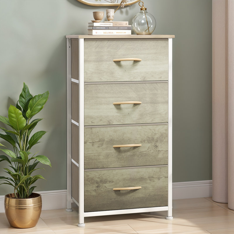 Commode 4 tiroirs en tissu avec plateau en bois et structure en métal pour le rangement des placards, Érable / Blanc