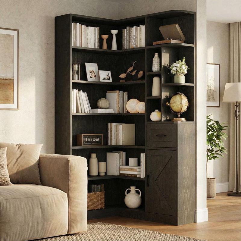 Bibliothèque de coin en L de 74 pouces avec tiroir et armoire, bibliothèque de rangement à 6 niveaux avec tablettes ouvertes,
