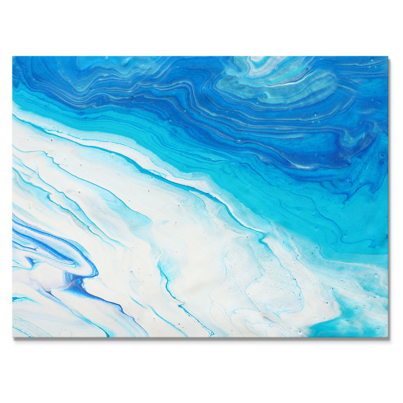 Bleu et blanc, vagues liquides I - Peinture sur toile, H 12 po x l 20 po x P 1 po, Toile tendue