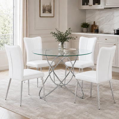 Ensemble de salle à manger moderne 5 pièces Brett avec table ronde en verre trempé et 4 chaises en similicuir