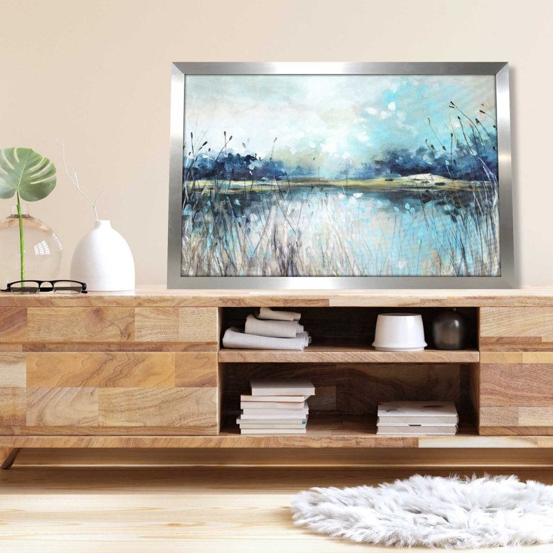 Vue sur le lac - Peinture, L 27,5 po x H 21,5 po, Encadrement argenté
