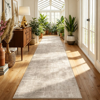 Beige Cream 3x12 Hallway Runner Non-Slip Washable Abstract