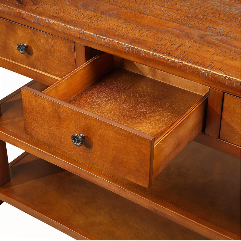 Console en bois de pin massif 48 po, table d'appoint moderne avec 3 tiroirs de rangement et 2 tablettes. Facile à assembler (brun)