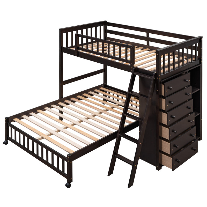 Lit superposé simple au-dessus de double en bois avec six tiroirs et tablettes flexibles, lit inférieur avec roulettes