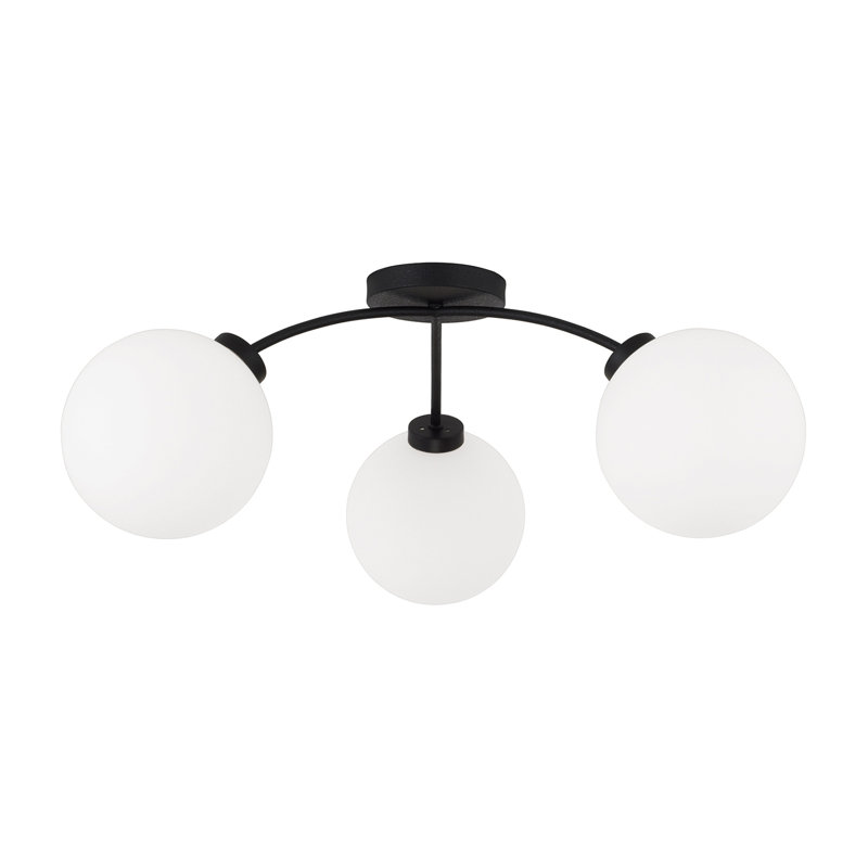 28" W x 9.5" H 3-Light Semi Flush in Matte Black with Soft White Glass Globes