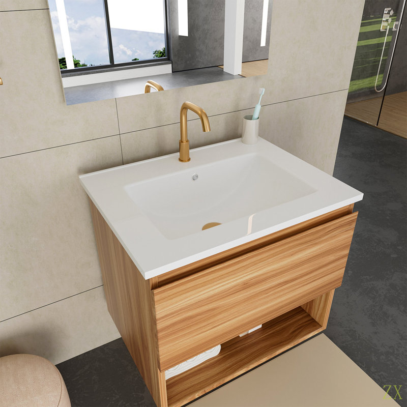 Meuble-lavabo 24 po avec lavabo en céramique - Meuble-lavabo mural flottant cannelé avec tiroirs, moderne, 23"