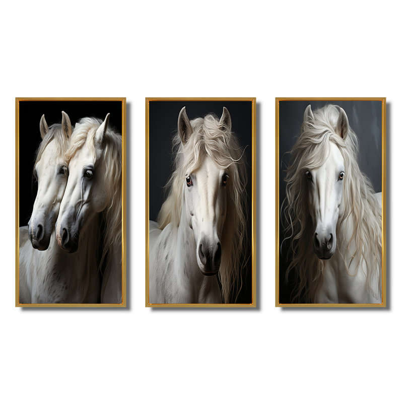 «White Horse Whispering Whinnies», 3 pièces sur toile, Encadrement doré, H 40 po x l 60 po