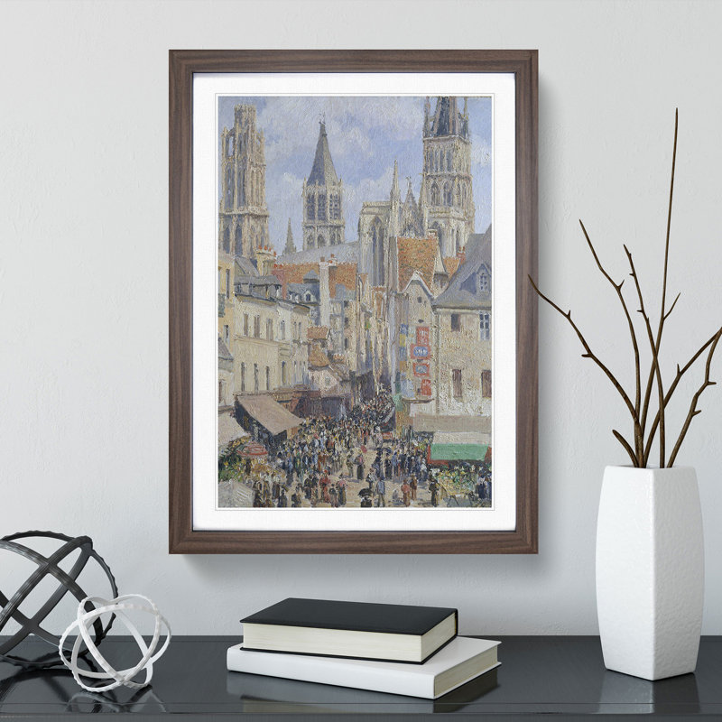 The Old Market at Rouen by Camille Pissarro - Picture Frame Painting, 48cm H x 36cm W x 2cm D, Walnut Framed