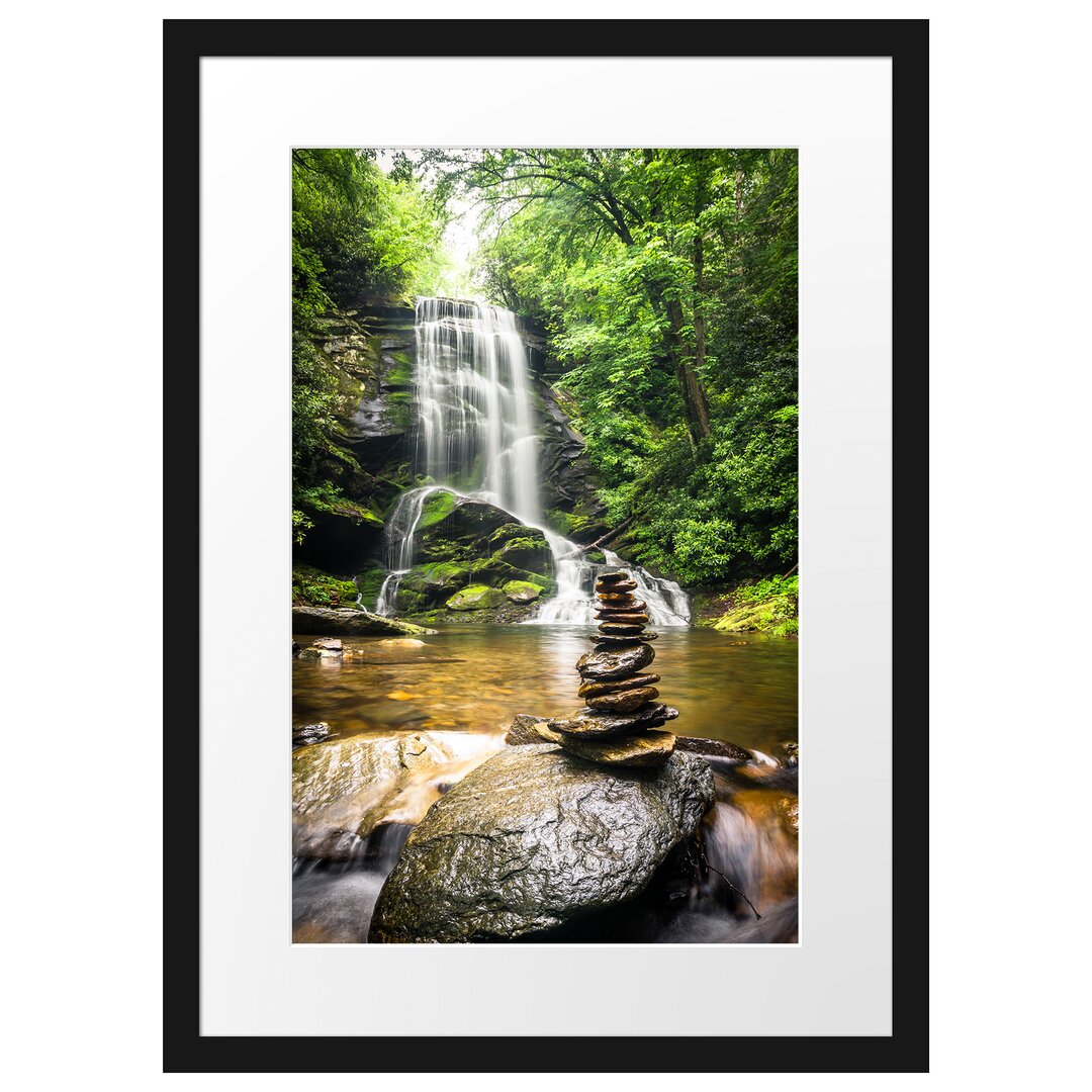 Gerahmtes Poster Zen Steine vor Wasserfall