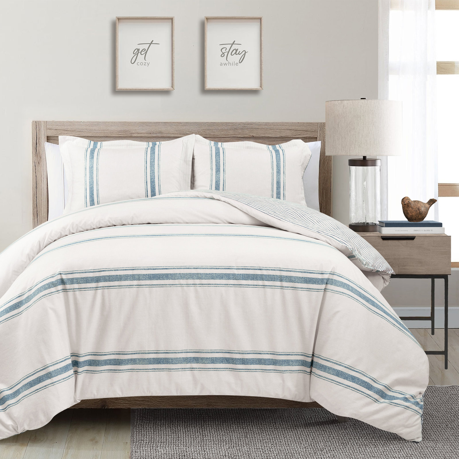 Farmhouse Standard Cotton Reversible Comforter Set, Blue, California King